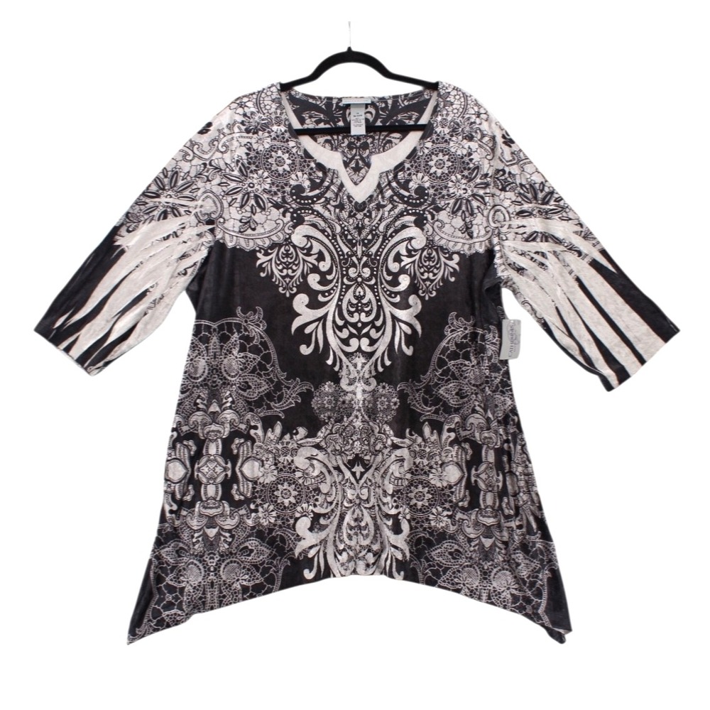Catherines Tunic Top‎ Womens 1X Gray Black Paisley Velvet Embellished V Neck